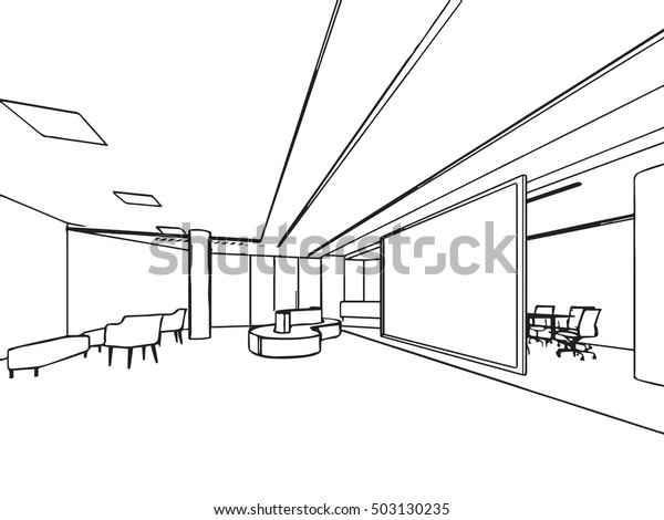 interior outline sketch drawing perspective of a space office