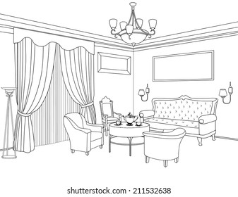 Interior outline sketch. Furniture blueprint. Architectural design. Living room