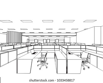 interior outline wireframe sketch drawing perspective , office vector eps format.
