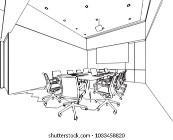 interior outline wireframe sketch drawing perspective , office vector eps format.