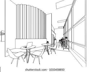 interior outline wireframe sketch drawing perspective , office vector eps format.