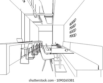 interior outline wireframe sketch drawing perspective , office vector eps format.