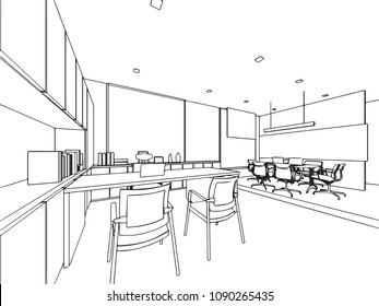 interior outline wireframe sketch drawing perspective , office vector eps format.