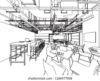 interior outline wireframe sketch drawing perspective , office vector eps format.