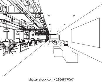 interior outline wireframe sketch drawing perspective , office vector eps format.