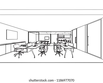 interior outline wireframe sketch drawing perspective , office vector eps format.