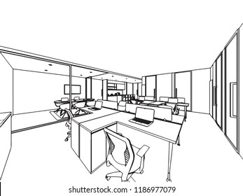 interior outline wireframe sketch drawing perspective , office vector eps format.