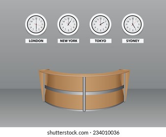 Interior with an oval table for visitors with time zones. Vector illustration.