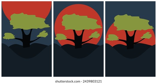 Interior painting design with Baobab and sunset. Postcard with Symbol Africa. Set posters with asian Bansai tree. Vector illustration can used web panner poster postcard cover. EPS 10 Editable stroke 