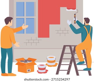 Concepto de pintura interior en progreso, Mejoras para el hogar con diseño de Vector de guía de Profesional, Anuncio de trabajadores de la construcción, Escena de trabajo calificado, Obras de ingeniería civil