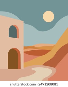 Interior painting, in the style of minimalism. pastel palette, peach and terracotta. desert landscape, sun and moon, Moroccan style. Vector illustration