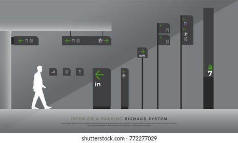 interior e sinalização de estacionamento. direção, poste, montagem na parede e sistema de sinalização de trânsito conjunto de modelos de design. Espaço vazio para logotipo, texto, cor identidade corporativa