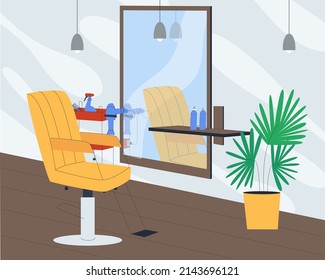 Interior of a parkmaher's barbershop. A large mirror and a comfortable chair in a beauty salon. Flat vector illustration. Eps10