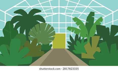 Interior path view through large glass greenhouse botanical garden with interior