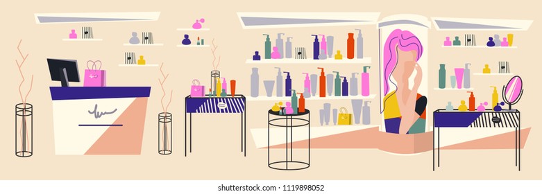 Interior of a perfumed store. Showcases with cosmetics. Illustration in flat style.