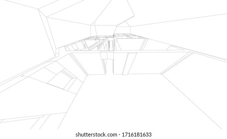 
interior perspective monochrome 3d visualization, architectural form of housing