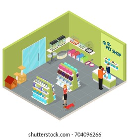 Interior Pet Shop Isometric View Care Domestic Animal Furniture, Equipment, Worker and Client. Vector illustration with pet icons