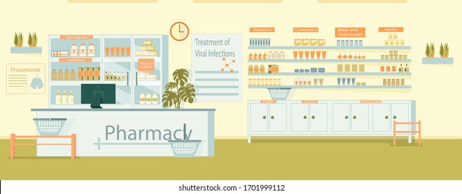 Interior, Pharmacy Counter with Cash Register. Shelf with Bottle, Can, Spray and Box Signed by Category Medicine. At Checkout there Computer for Reading Medicine Code and Issuing Check.