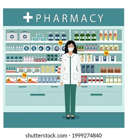 The interior of a pharmacy with a female pharmacist. Counters with medicines, antiseptics, injections, vitamins, masks.  Vector illustration in a flat style.