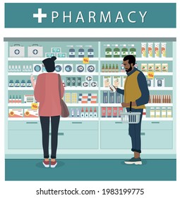 The interior of a pharmacy, a pharmaceutical store with customers.   Counters with medicines, antiseptics, injections, vitamins, masks, devices.  Vector illustration in a flat style.