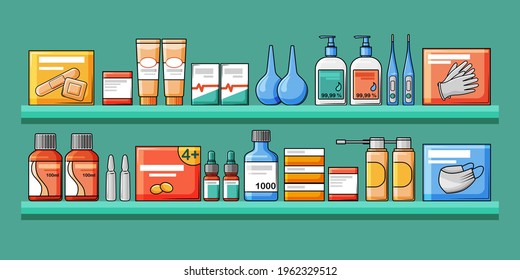 The interior of the pharmacy, shelves with medical medicines. Vector illustration.