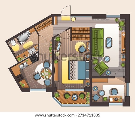 Interior plan in color. Detailed apartment furniture overhead top view. Room in flat style. House floor design project