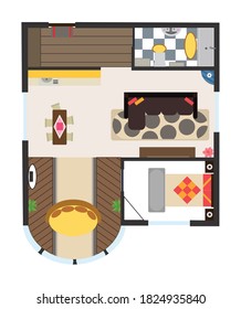 Interior plan. Detailed apartment furniture overhead top view. Apartment room plan. Architectural color floor plan with one bedroom. Studio apartment. Hand drawn top view