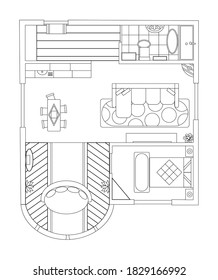 Interior plan. Sketch style. Detailed apartment furniture overhead top view. Apartment room plan. Architectural floor plan with one bedroom. Studio apartment. Hand drawn top view