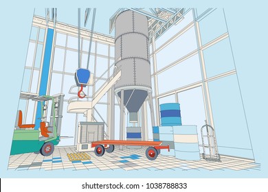 The interior of the plant with a scientific laboratory, stairs, appliances, blueprint, 3d. Vector