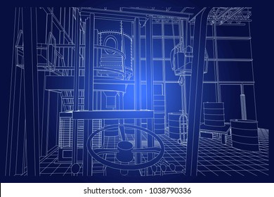 The interior of the plant with a scientific laboratory, stairs, appliances, blueprint, 3d. Vector