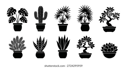 Conjunto de ícones vetoriais de planta interior. Silhueta de flores em vaso ilustração. Projeto de vegetação de jardim doméstico. Elementos decorativos de botânica de folhagem.