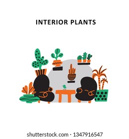 Interior plants. Doodle illustration of two armchairs and table, decorated with plants. Plantscaping service concept. Vector
