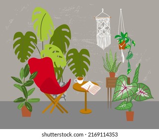 Interior with plants. Houseplants vector illustrations. Urban jungles. Plants are friends. Culd be used for web, notebook, phone case, etc