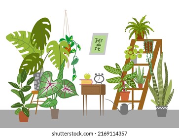 Interior with plants. Houseplants vector illustrations. Urban jungles. Plants are friends. Culd be used for web, notebook, phone case, etc