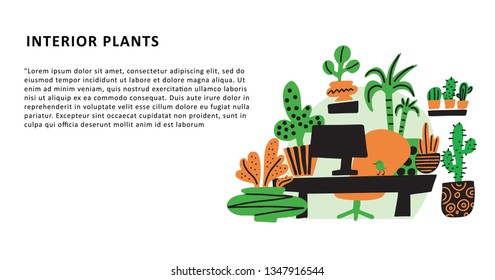 Interior plants. Web banner. Hand drawn illustration of office, decorated with plants. Doodle style. Vector.