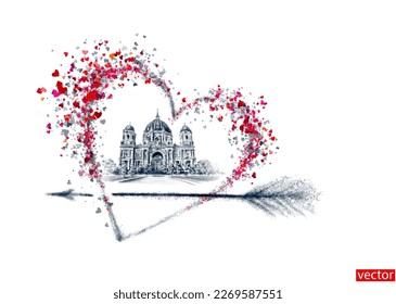 Interior poster with Berlin Cathedral. Panorama of Germany. Black and white silhouette of Berlin Cathedral.  Postcard with a landmark Berlin. Illustration with Berlin.Valentine's Day. Valentine.Vector