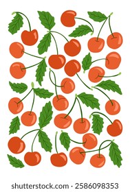 Interior poster with bright red cherries and green leaves on a white background, perfect for summer designs, fabric, wrapping paper, kitchen decor, and fresh fruit-themed projects