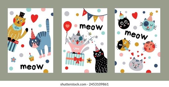 Cartel interior con сlindos gatos. Animales divertidos de garabato. Ilustración vectorial. Tarjeta de felicitación. Cartel.