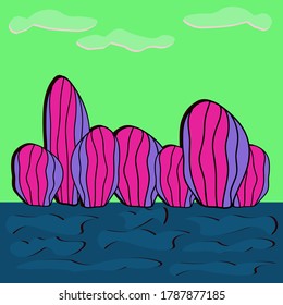 An interior poster design with many cactuses on a colourful background with graphic elements, vector illustration, print, website, social media