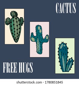 An interior poster design with three cactuses on a colourful background with graphic elements, vector illustration, print 