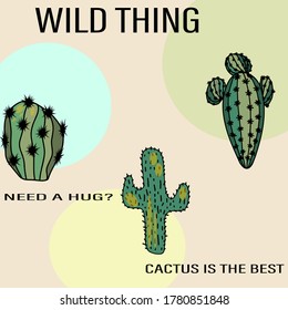 Diseño de afiches interiores con tres cactús sobre un fondo colorido con elementos gráficos, ilustración vectorial, impresión 