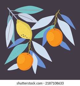 Interior poster, lemon, oranges, branches and leaves on a dark background,gouache effect, vector illustration