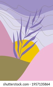 interior poster, minimalism, abstraction, vector image. palm leaf at sunset