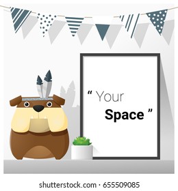 Interior poster mock up with empty frame and bulldog , vector , illustration