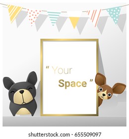 Interior poster mock up with empty frame and dogs , vector , illustration