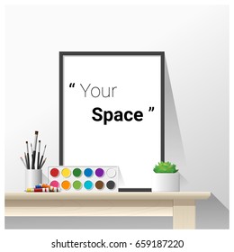 Interior poster mock up with empty frame and art supplies , vector , illustration