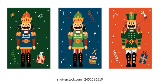 Interior poster with Nutcracker. Cute Christmas vector poster. Hand drawn illustration.