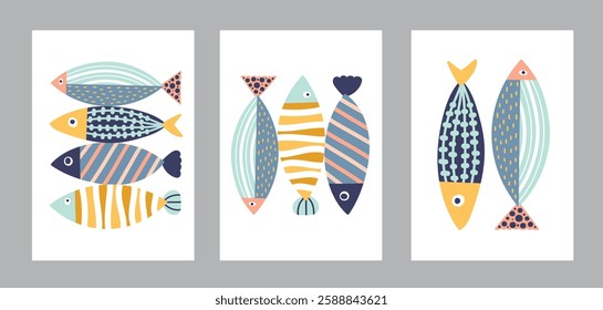 Interior poster with sardines. Cute set. Vector illustration