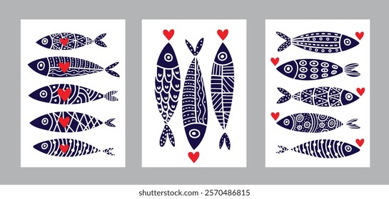 Interior poster with sardines and hearts. Cute set. Vector illustration