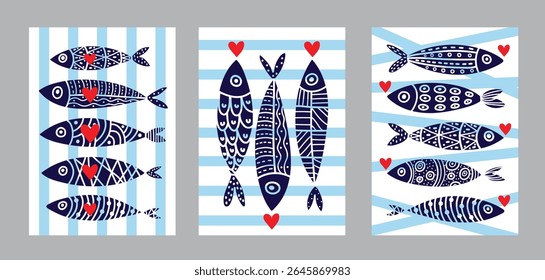 Cartaz interior com sardinhas e corações. Bonitinho. Ilustração vetorial